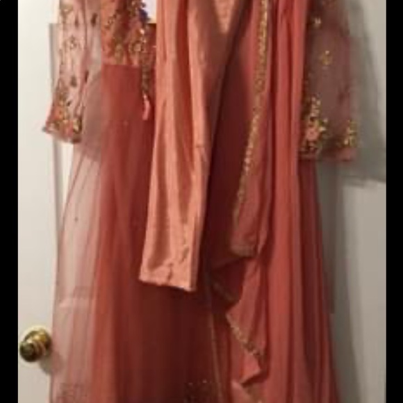 Embroidered Net Abaya Style Suit in Dark Peach - Picture 5 of 8